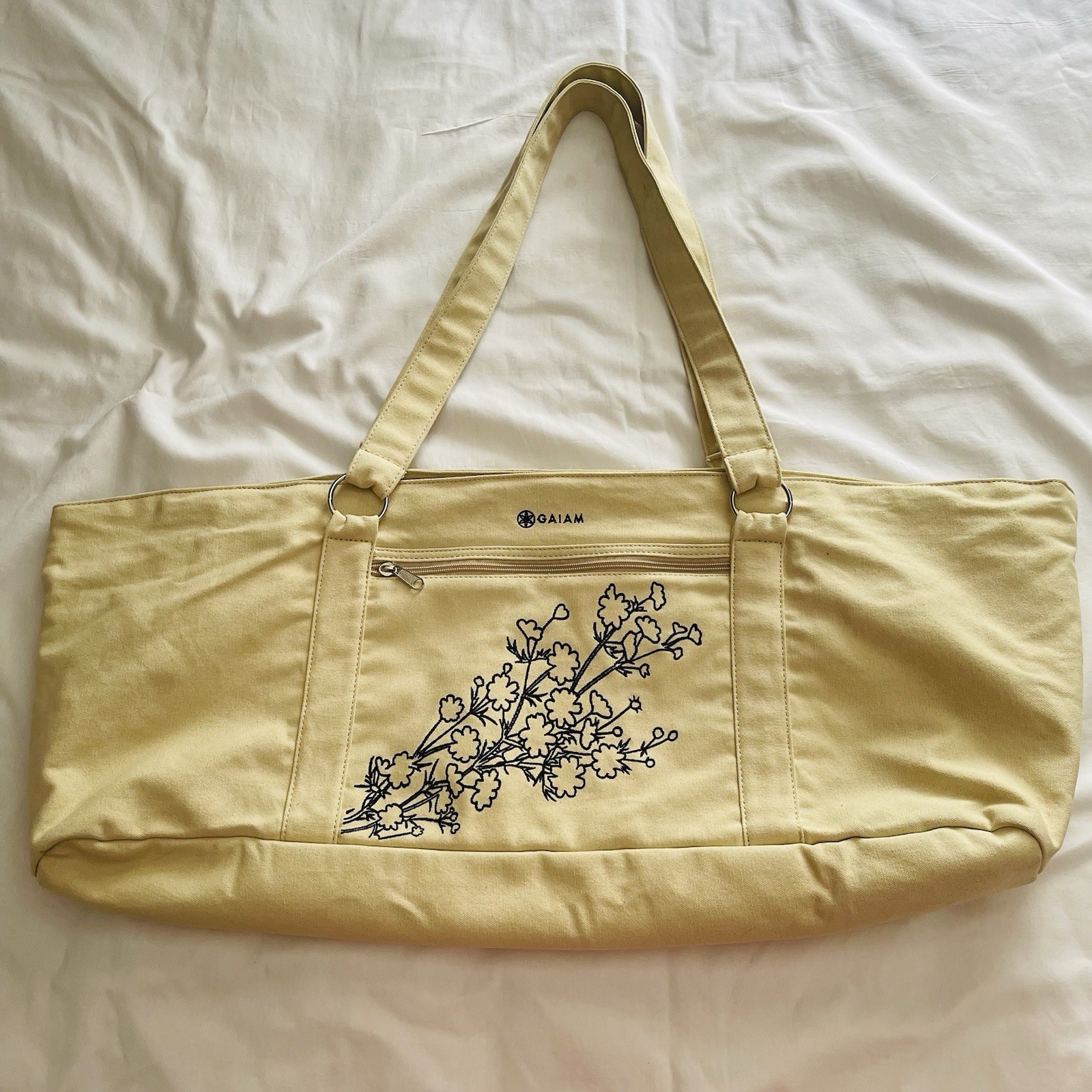 Gaiam Yoga Mat Tote Duffle Shoulder Bag Canvas with Embroidered Floral Design