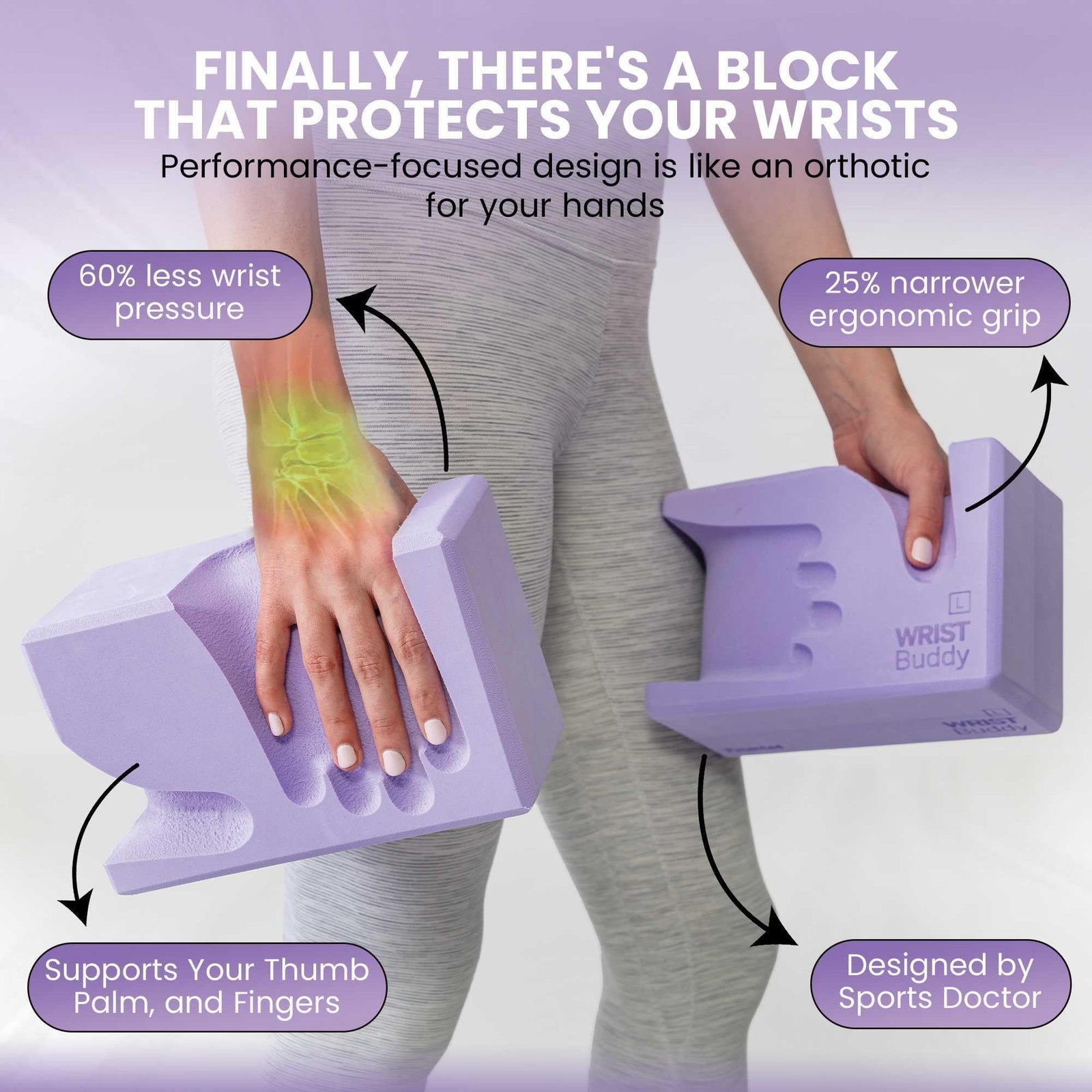 WRISTBuddy® Yoga Blocks 2-Pack (Left + Right) — Ergonomic, 9x6x4 IN, Lavender
