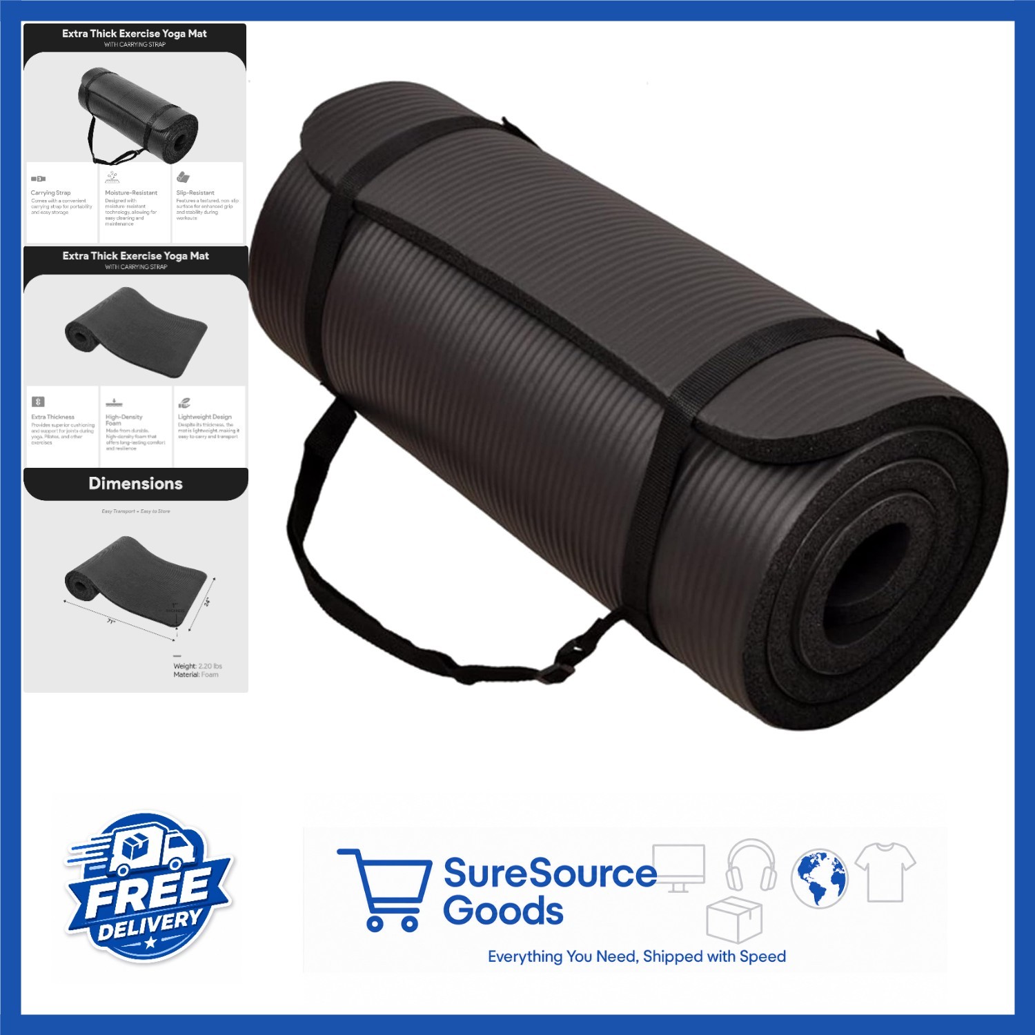 Extra Thick Yoga Mat 71&Prime;x24&Prime; Anti-Tear Foam with Carrying Strap for Exercises