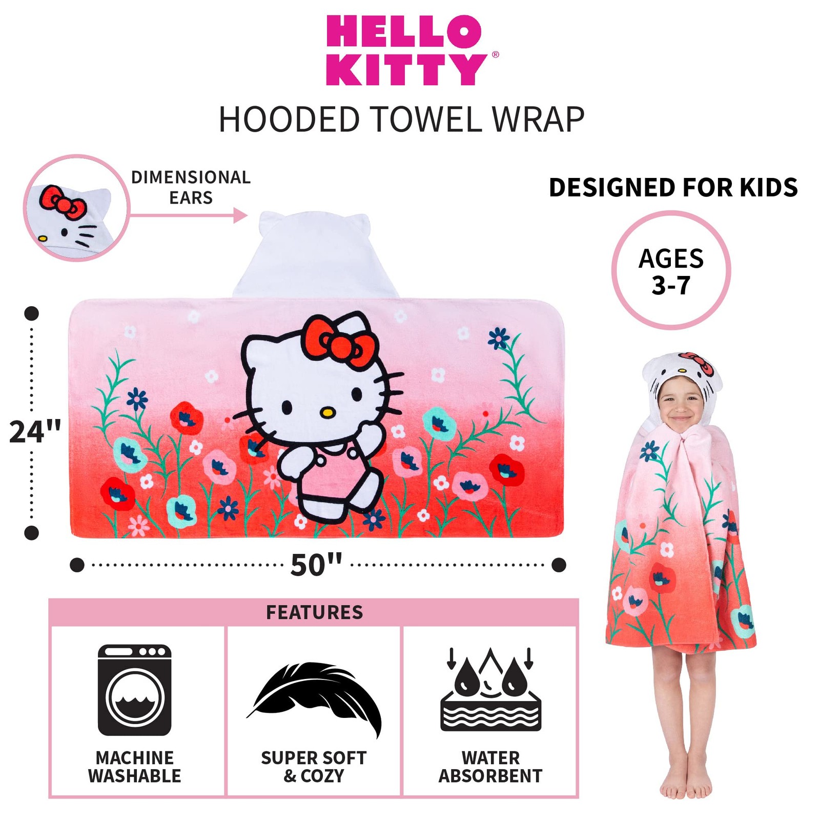 Hello Kitty Bath/Pool/Beach Soft Cotton Terry Hooded Towel Wrap 24 In X 50 In