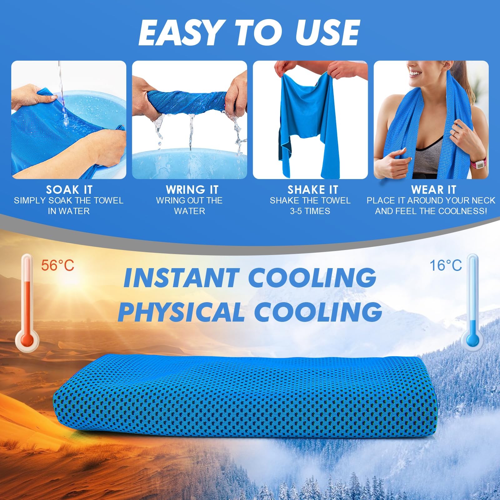Cooling Towels for Neck and Face – 6 Pack 47×12 Inch Ice Cold Microfiber Towels,