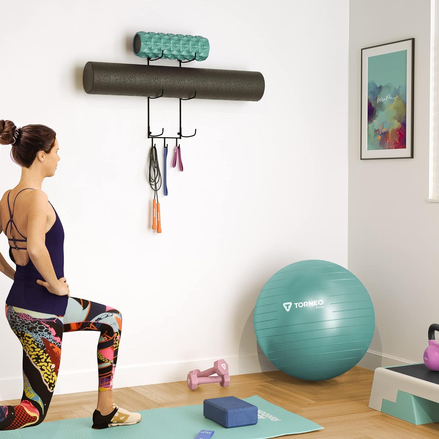 Wallniture Guru Yoga Mat Holder Wall Mount with 3 Hooks for Hanging Yoga Strap,
