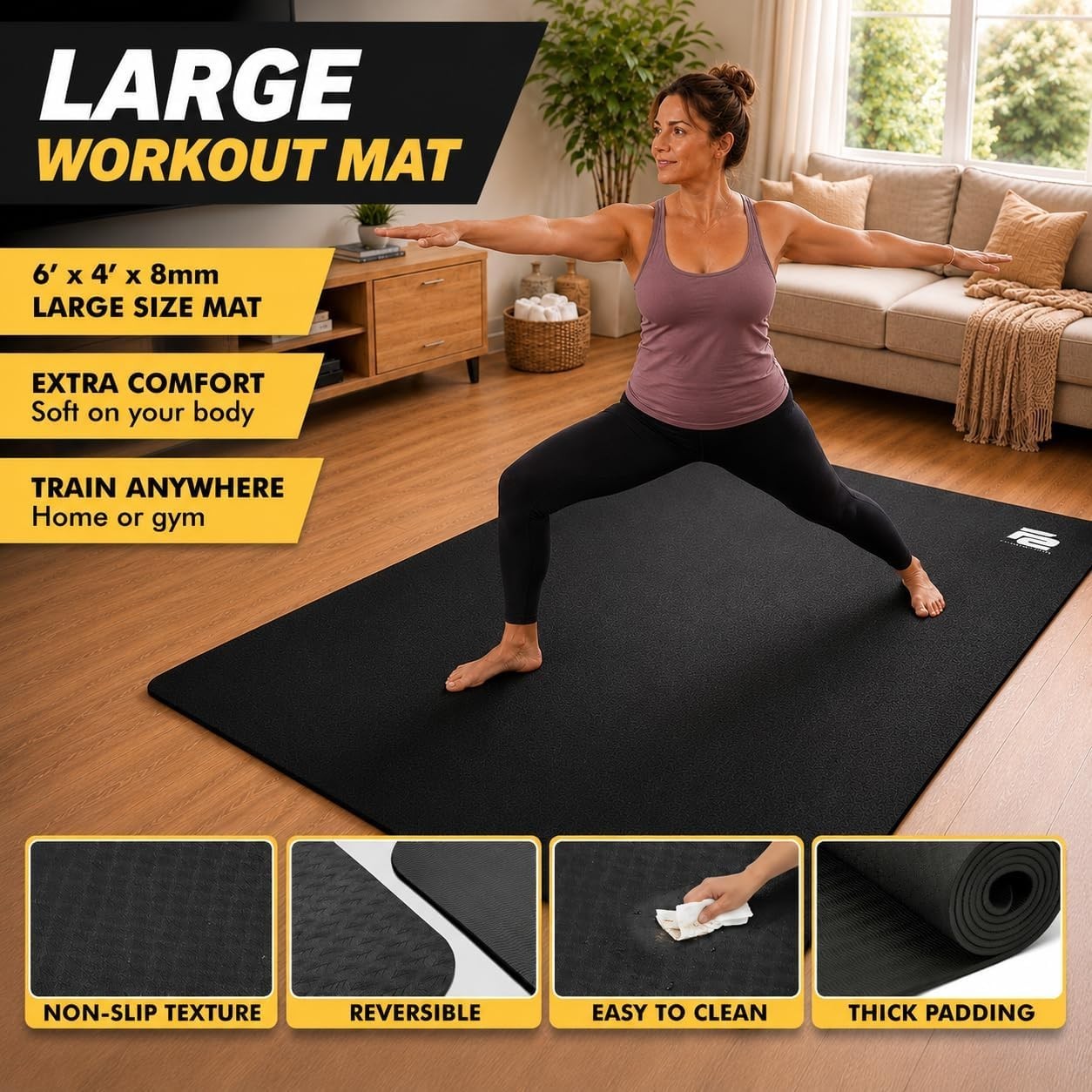 Oversized 6’ x 4’ Extra Large Workout Mat with Carry Bag & Straps — Heavy-Duty,