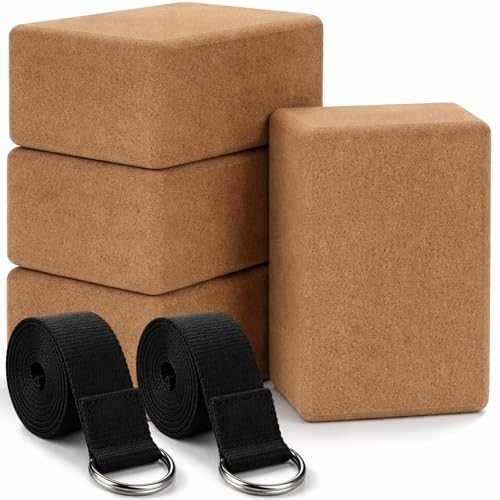 6 Pcs Cork Yoga Blocks with Straps – 9x6x4 Inch – 8.2 FT – Cork Brick