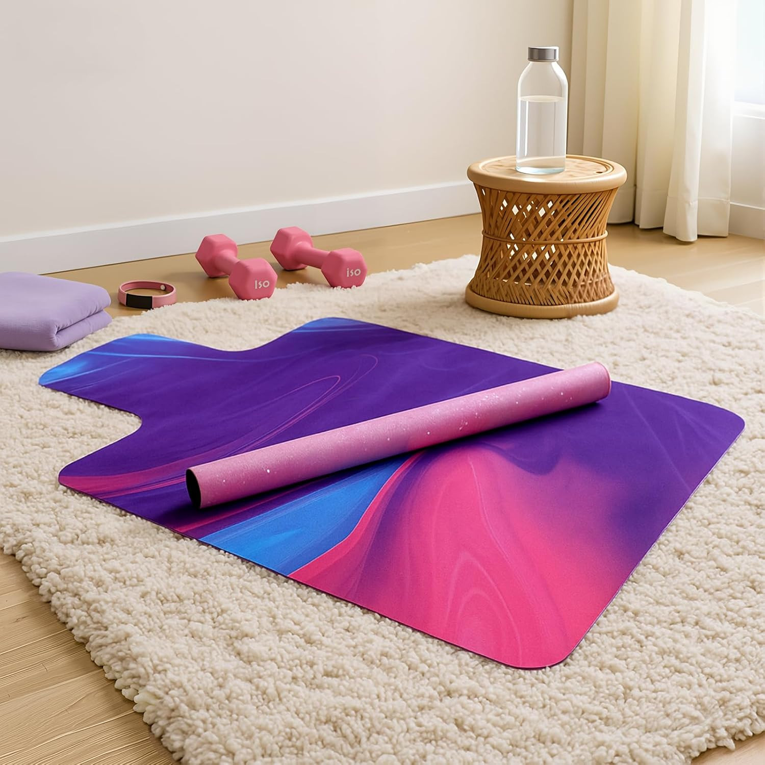 Pilates Reformer Mat Set, Non-Slip Microsuede, Rubber Backing, 38&Prime;x22&Prime;, Pink/Pur