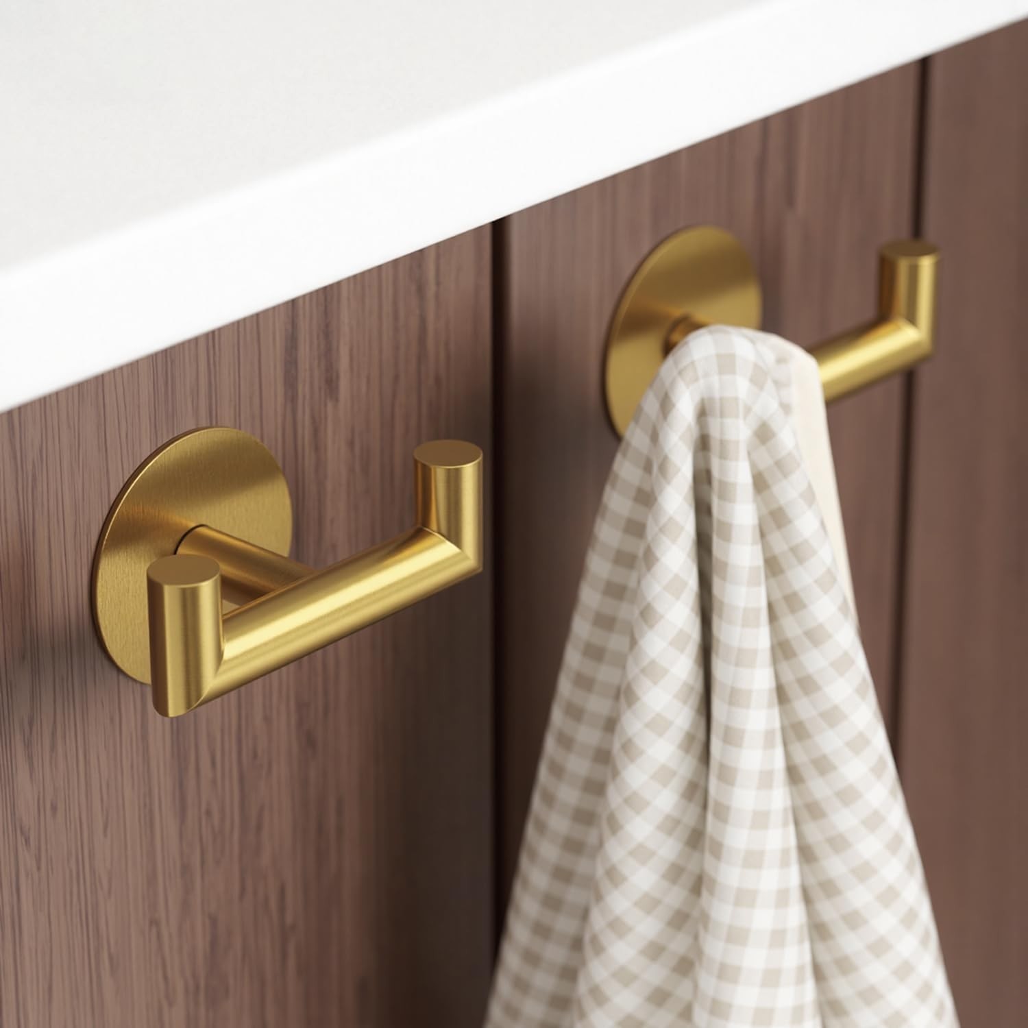 2 Pack Brushed Gold Bathroom Hooks for Towels – Self Adhesive Double Hooks fo…