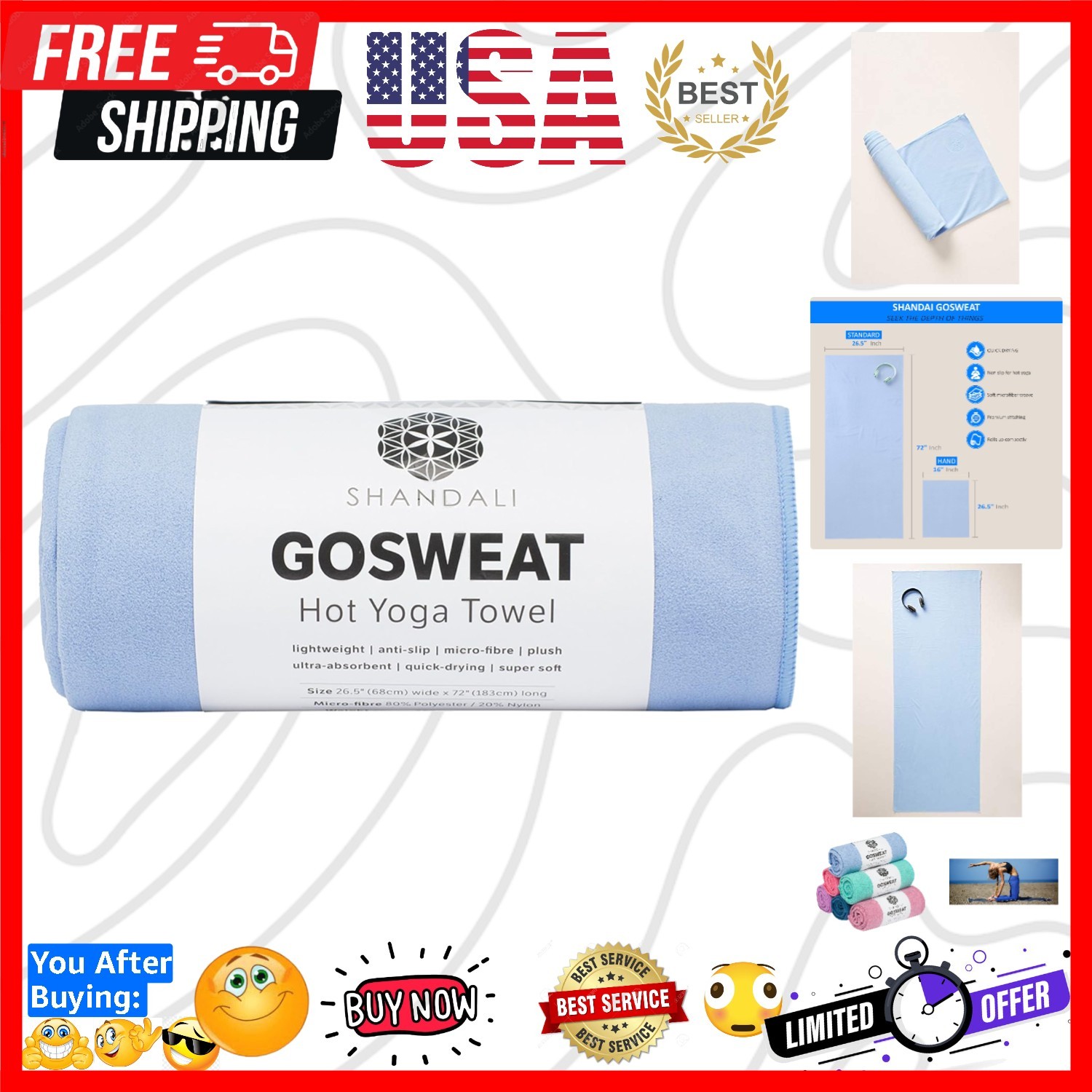 GoSweat Non-Slip Hot Yoga Towel with Super-Absorbent Soft Suede Microfiber in…