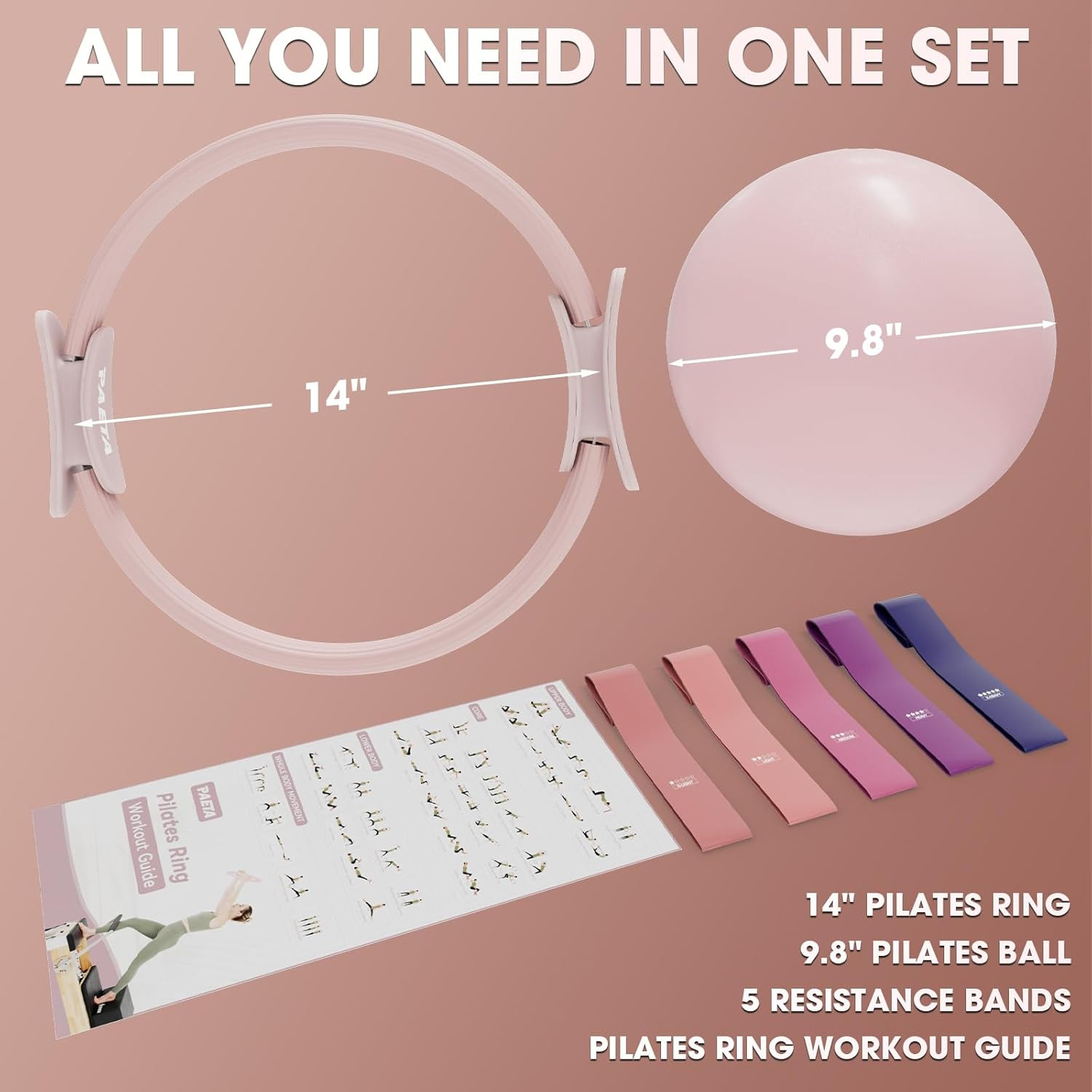 Pilates Ring Set – 14” Magic Circle (38 Lbs Resistance), 9.8” Pilates Ball, 5 Re