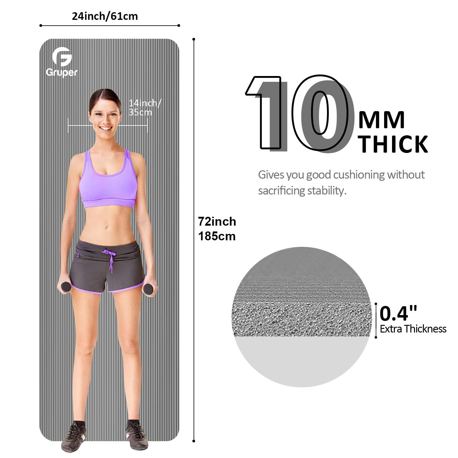 Gruper Thick Yoga Mat Non Slip, Large Size 72&Prime; L x 72 x 24 x 0.4 inches, Grey