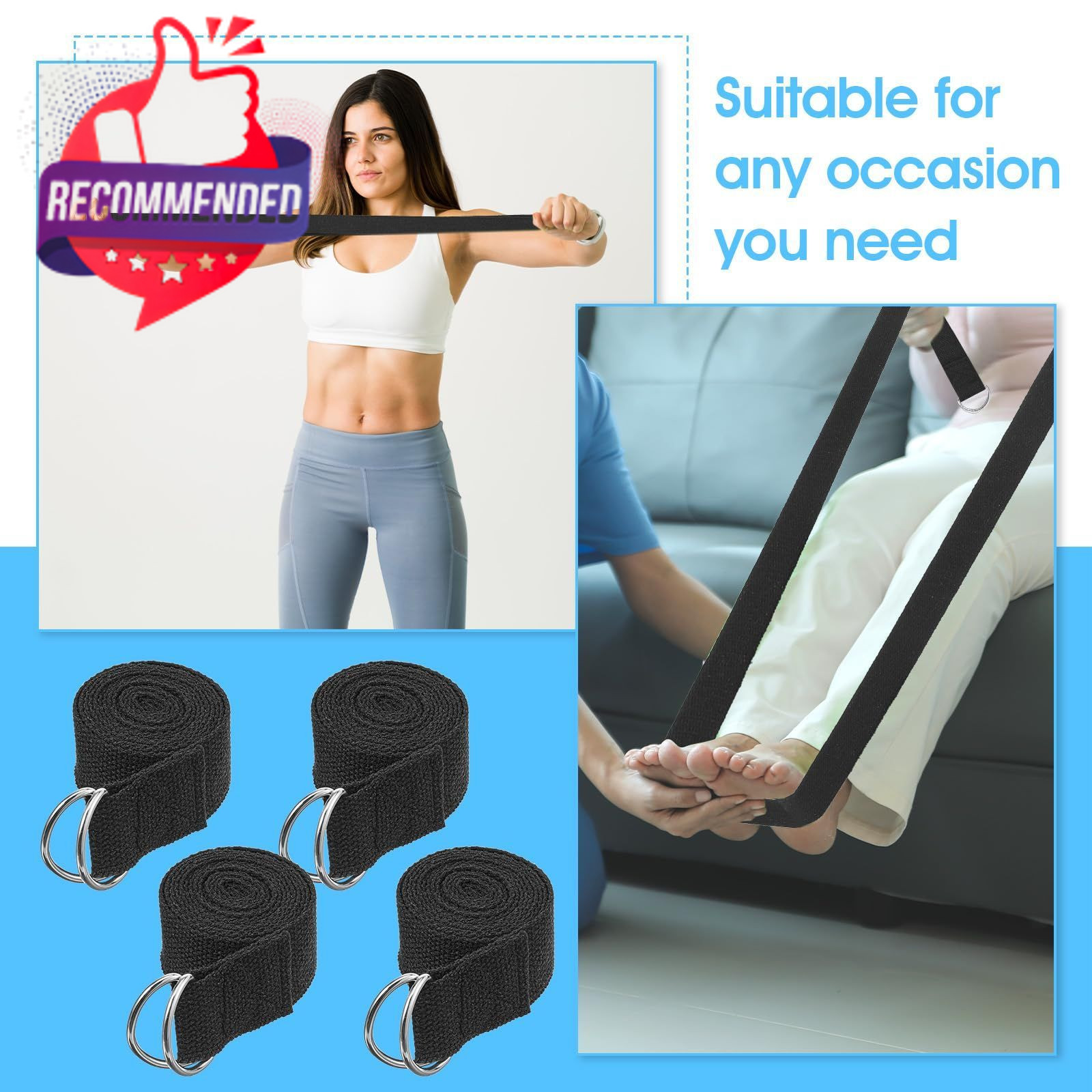 ADJUSTABLE COTTON YOGA STRAPS BLACK · 16 PACK BULK SET · 6 FT LENGTH