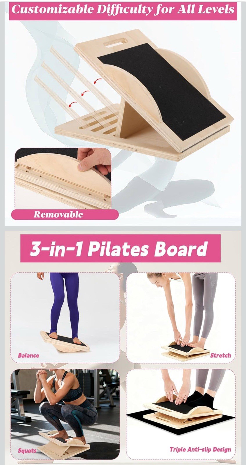 New Pink 3-in-1 Pilates Foldable Board & Exercise Equipment Stretch Bands