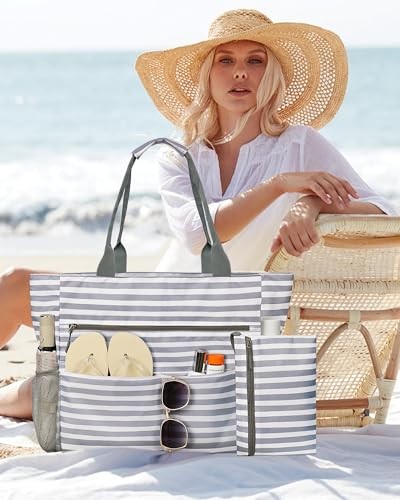 Beach Bag-Waterproof Sandproof Beach Totes with zipper Large Grey Stripe
