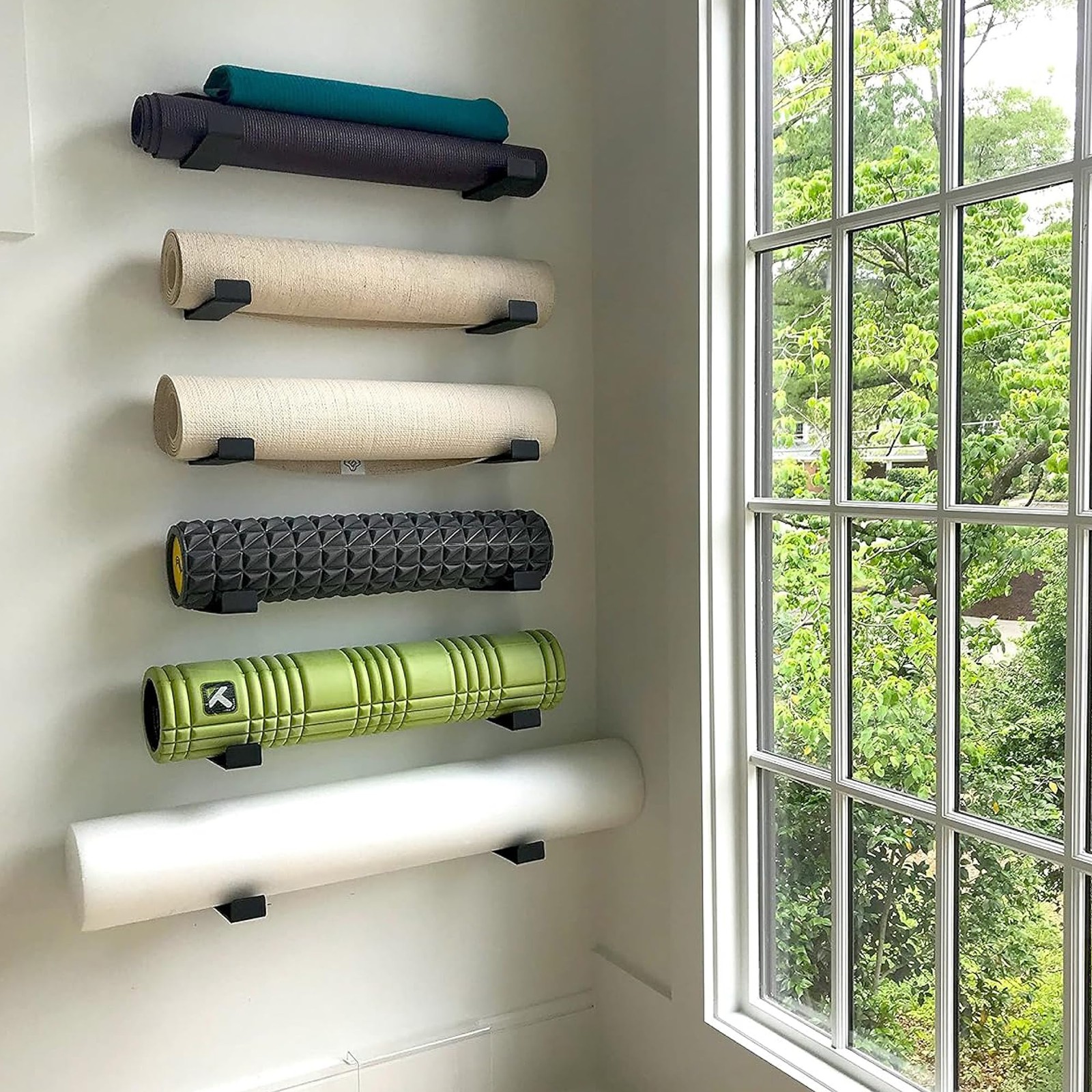 Large Yoga Mat Storage Rack Foam Roller Wall Hooks Fitness Gear Organizer