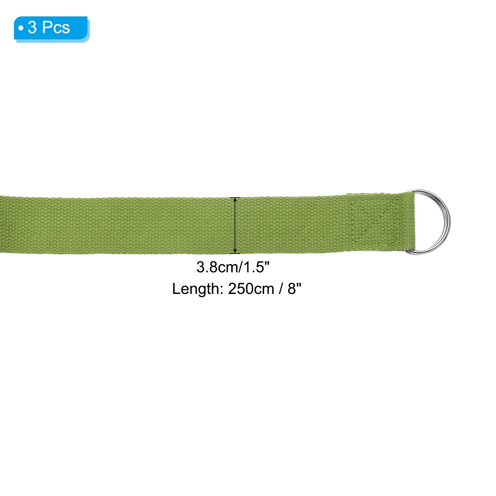 3Pcs 8 Feet Cotton Yoga Strap Belt Stretch Bands with D-Ring Buckle, Dark Green