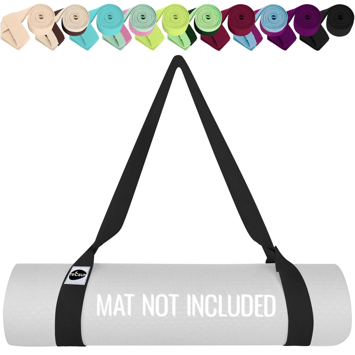 TECEUM Yoga Mat Strap – Black & 30+ Colors – Adjustable 64 IN,