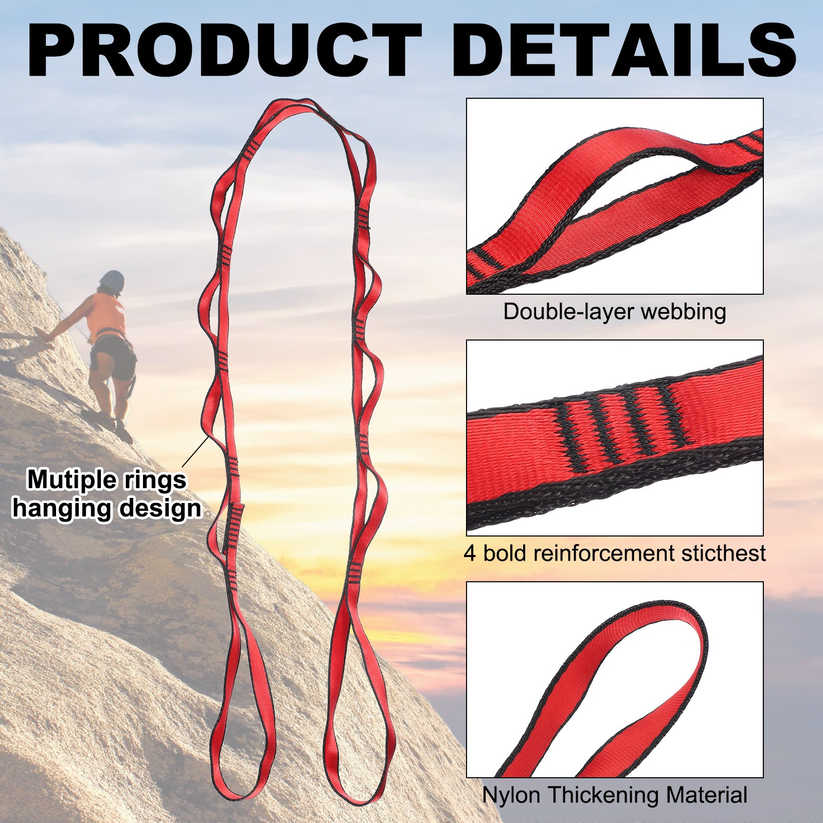 25KN Daisy Chain Yoga Extend Belt 1.5M, 2Pcs Climbing Straps for Exercise, Red