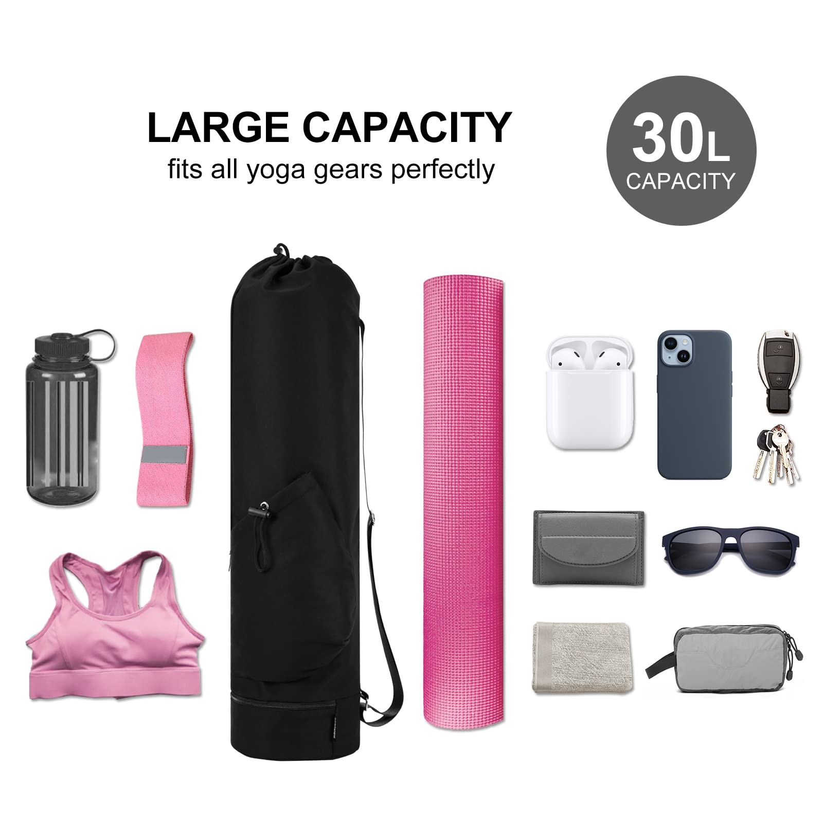 sportsnew Yoga Mat Bag with Water Bottle Pocket and Bottom Wet Medium, Black
