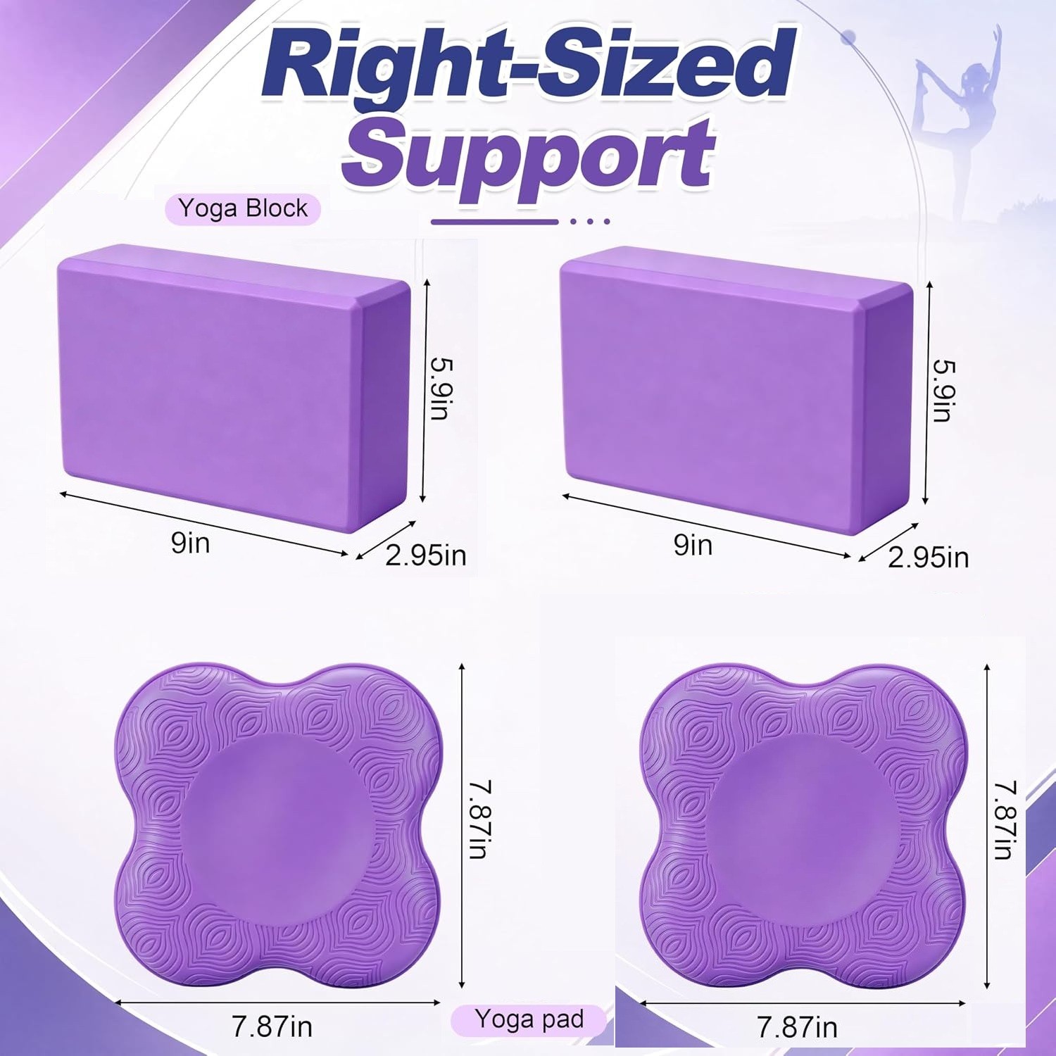 NEW! 2 Yoga Blocks & 2 Knee Pads Purple EVA Foam Pilates Stretch Wrist Support