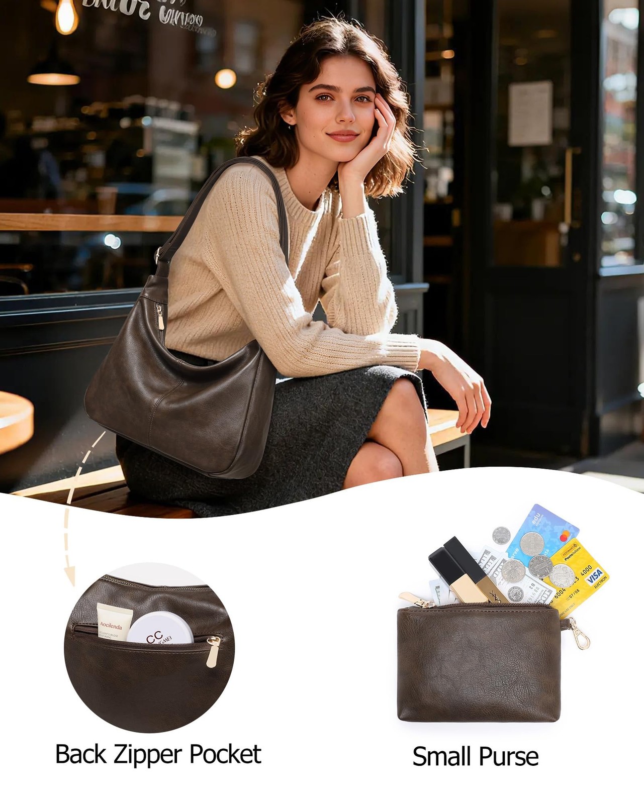 2PCS Purses for Women, Soft Vegan Leather Hobo Bag Slouchy Crossbody Shoulder…