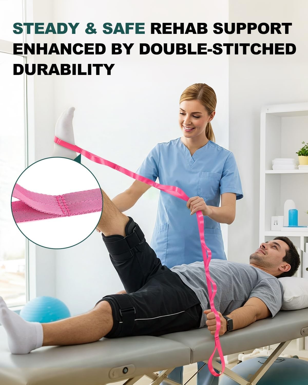 Home PT Stretching Strap Non-Elastic Loops Progressive Leg Hip Back Mobility Aid