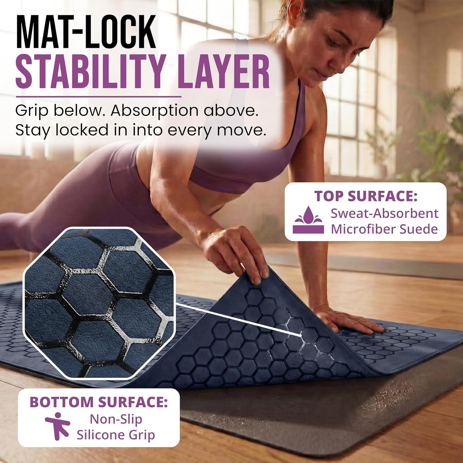 Hot Yoga Mat Towel – Non-Slip Grip for Hot Yoga, Sweat Absorbent, Honeycomb Sili