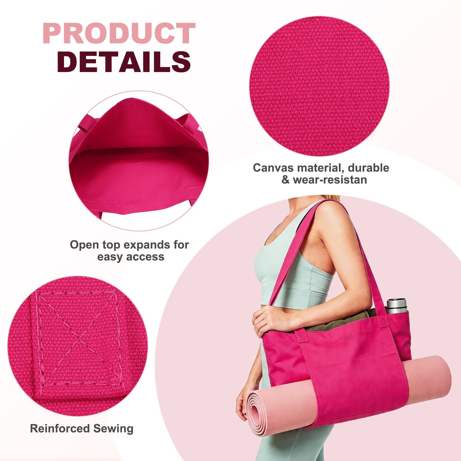 1 Pcs Yoga Bag, Tote Pilates Bag with Yoga Mat Holder Canvas & Rose Red