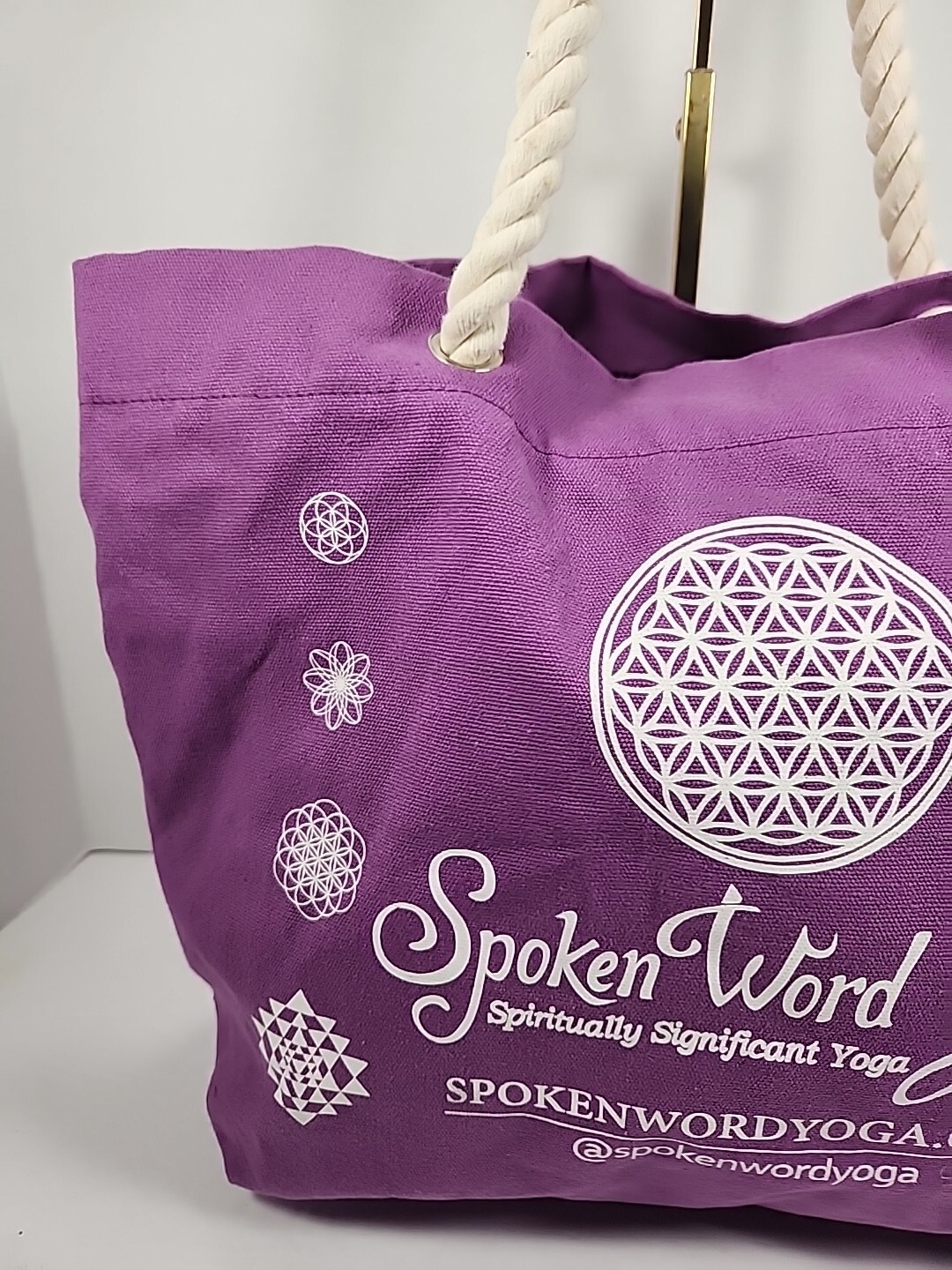 Spoken Word Yoga Purple Canvas Graphic Tote Bag Reusable Purple Lining