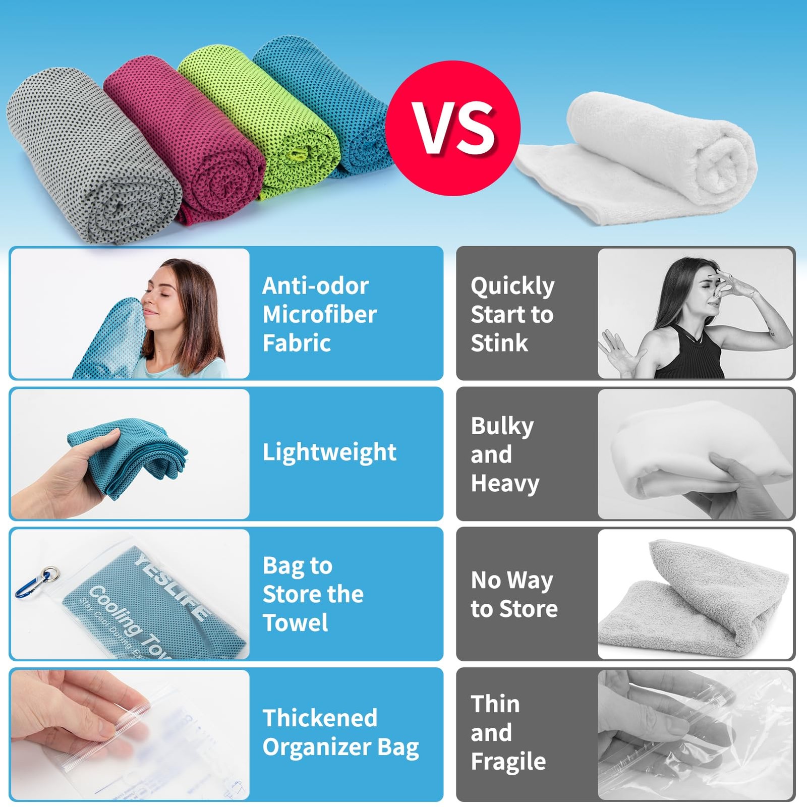 YESLIFE 4 Pack Cooling Towel 40 inches x 12 inches, Blue, Grey, Green, Pink
