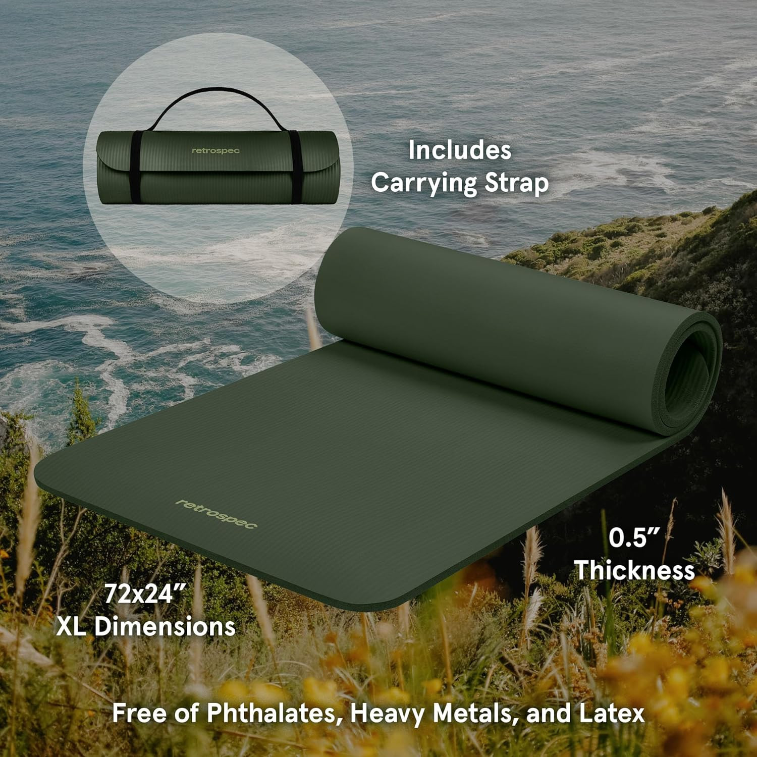 Solana Thick Non-Slip Yoga Mat 1/2&Prime; Exercise Fitness Workout Mat w/ Strap 72×24