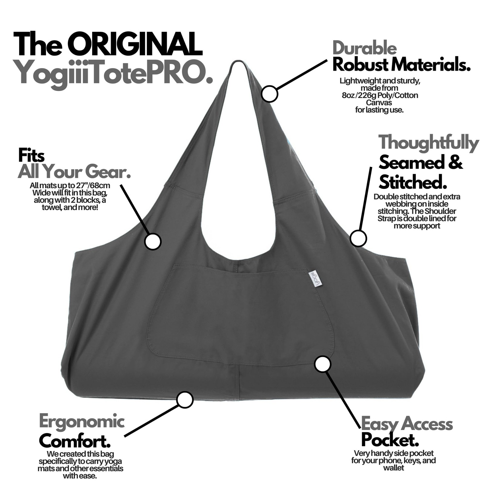 Yogiii Yoga Mat Bag | The ORIGINAL YogiiiTotePRO | Large L, Ash Gray