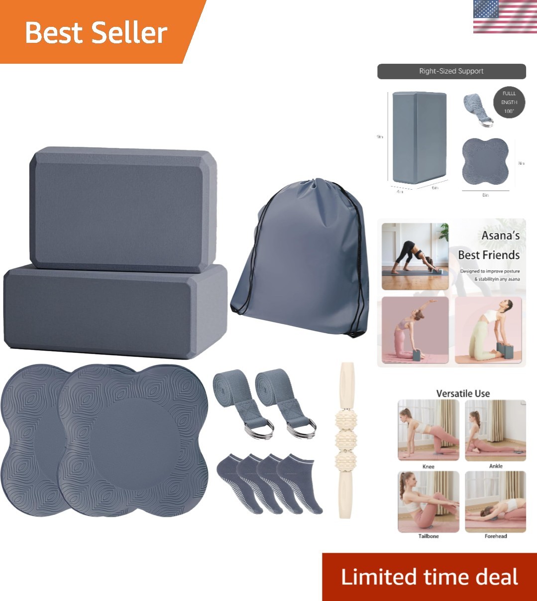 2 Yoga Blocks Supportive Accessories including 2 Knee Pads, 2 With Strap To P…