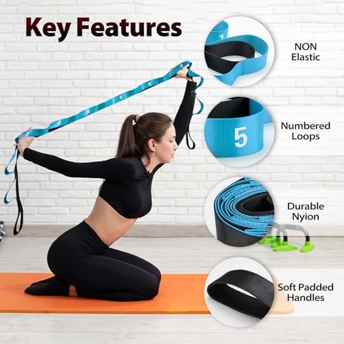 Stretching Strap with 10 Loops-Yoga Length: 86 inches, Width: 1.5 inches Blue