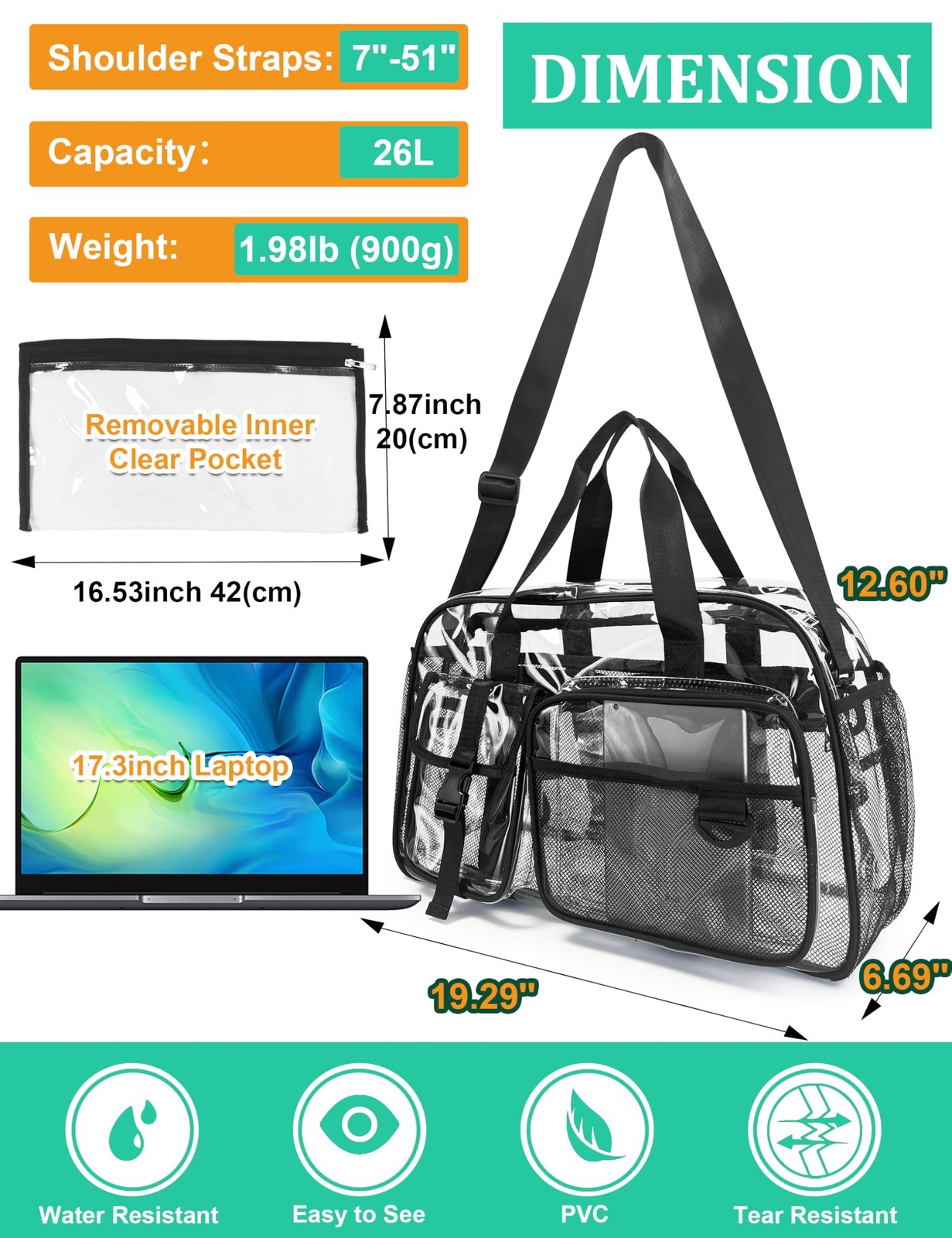 Large Clear Tote Bag 20” for Duffle with 10 Pockets, Clear Gym Crossbody B