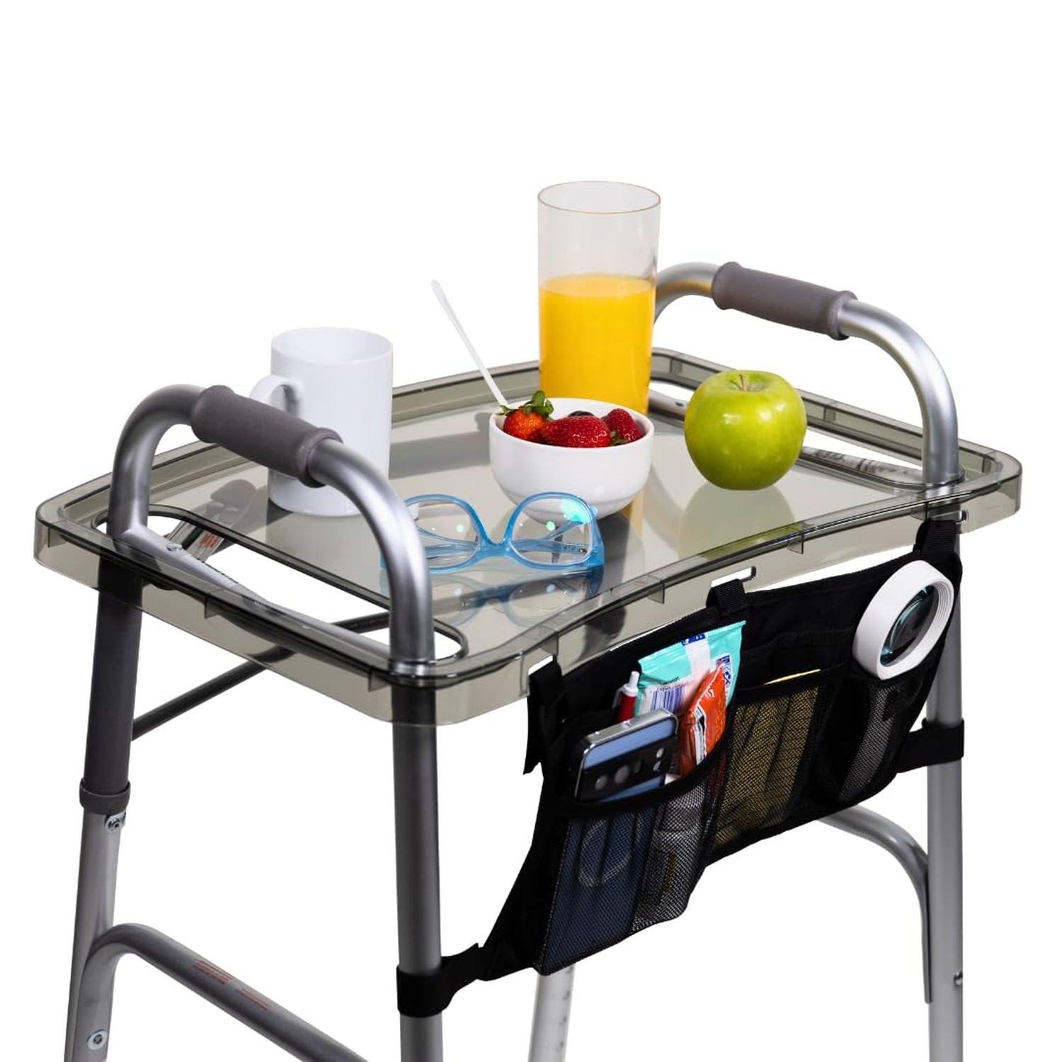 StrongArm Clear View Walker Tray + Bag + Non-Slip Mat & Cup Holder, Tray for …