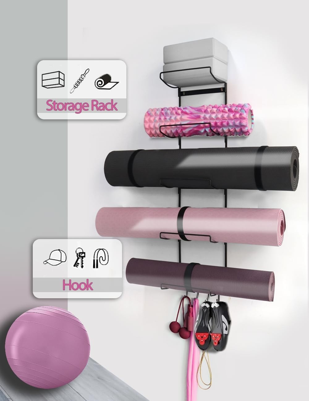 Yoga Mat Storage Rack with 3 Hooks for Accessories