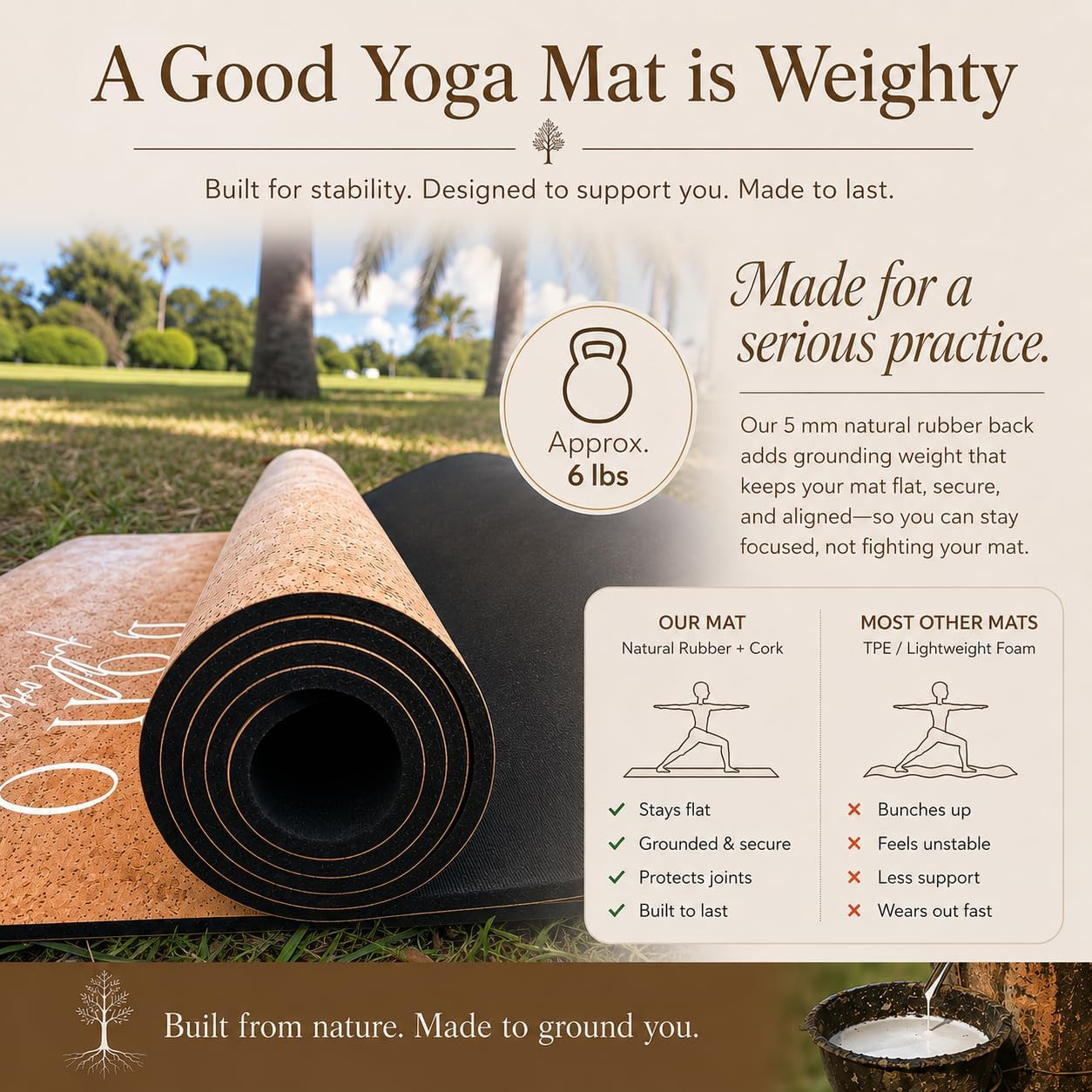 Deluxe Cork Yoga Mat – Gold, Coffee or Vegan Leather Cork Surface & Natural Rubb
