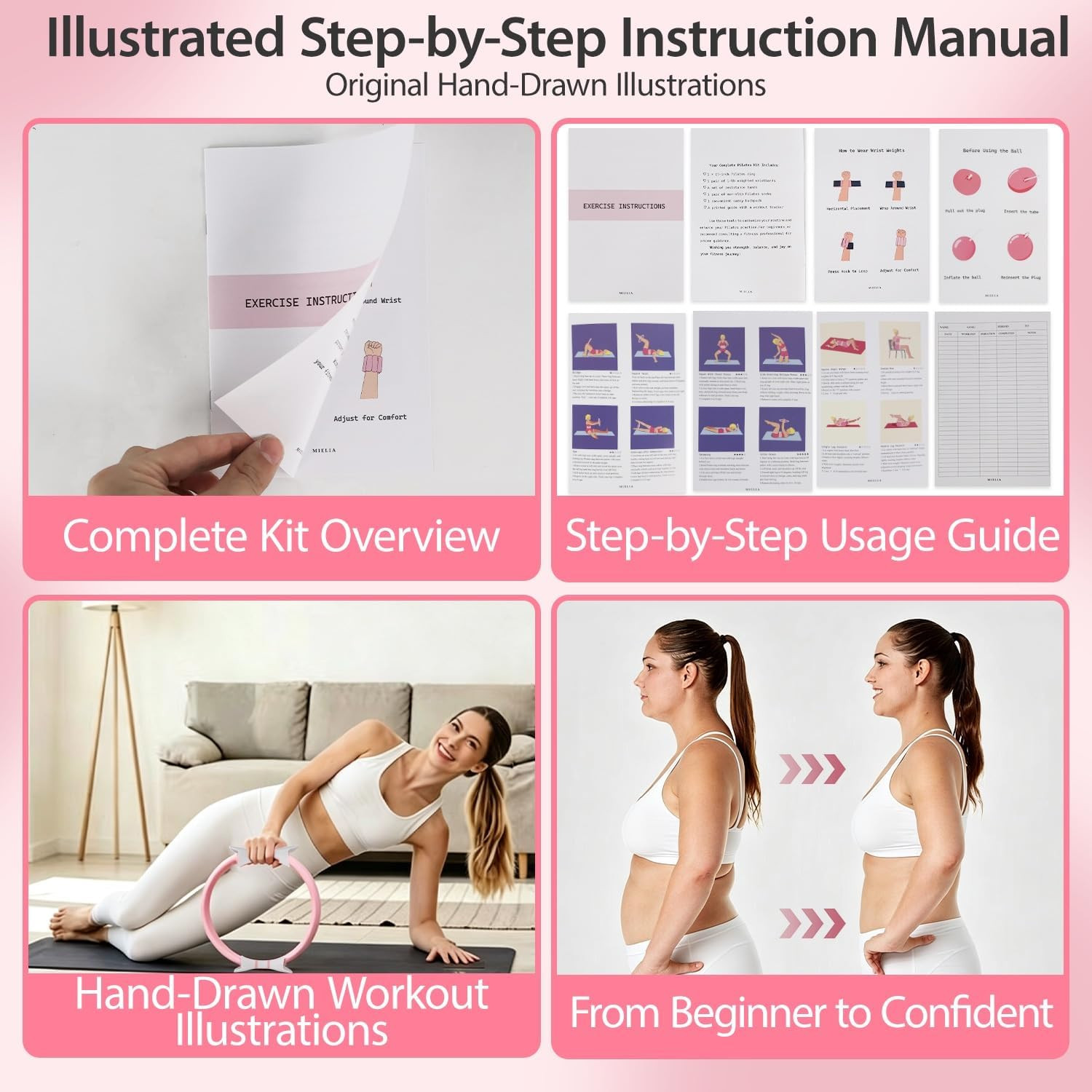 16 PCS Pink Pilates Ring and Ball Set for Women with 15&Prime; Magic Circle, Home Pila