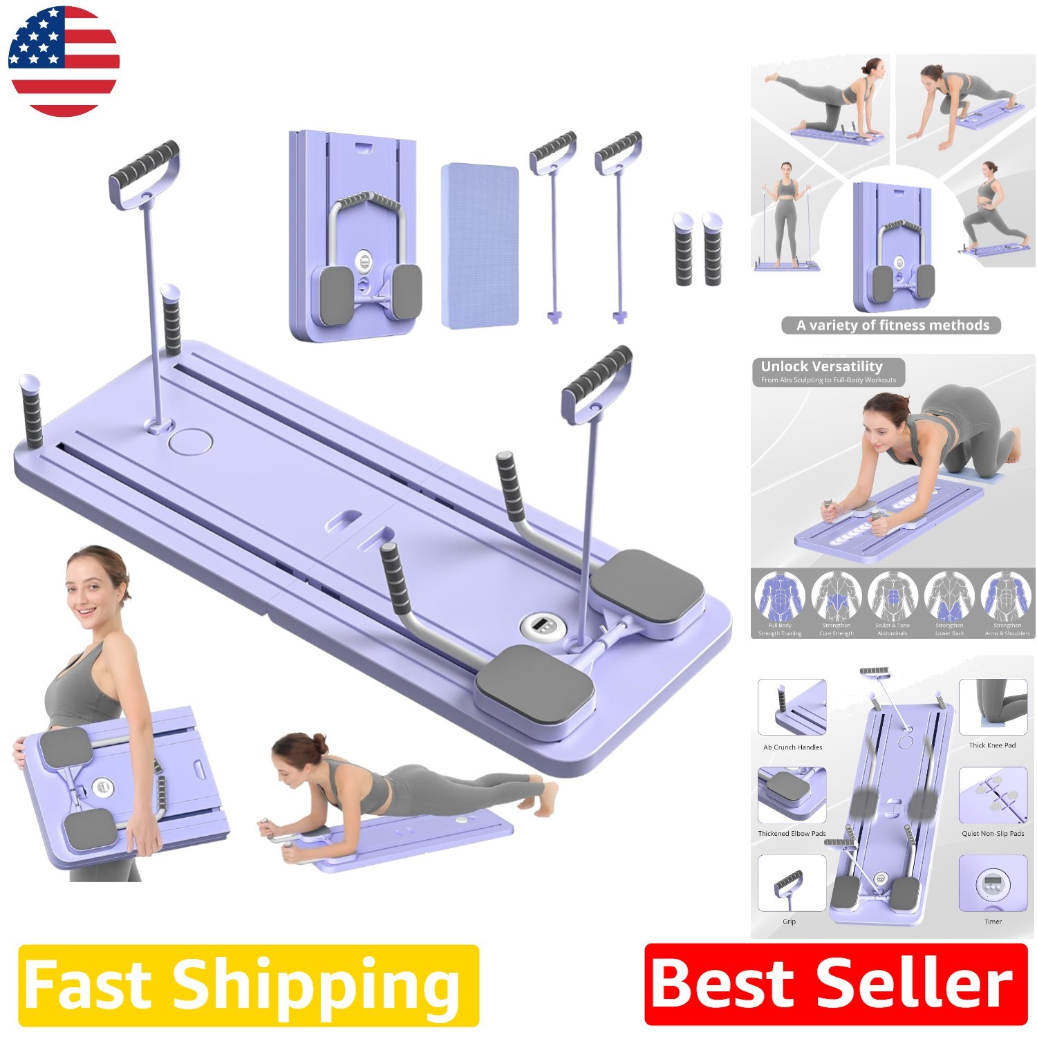 Pilates Board Foldable 5-in-1 Home Reformer Set, High Tension, Purple PP