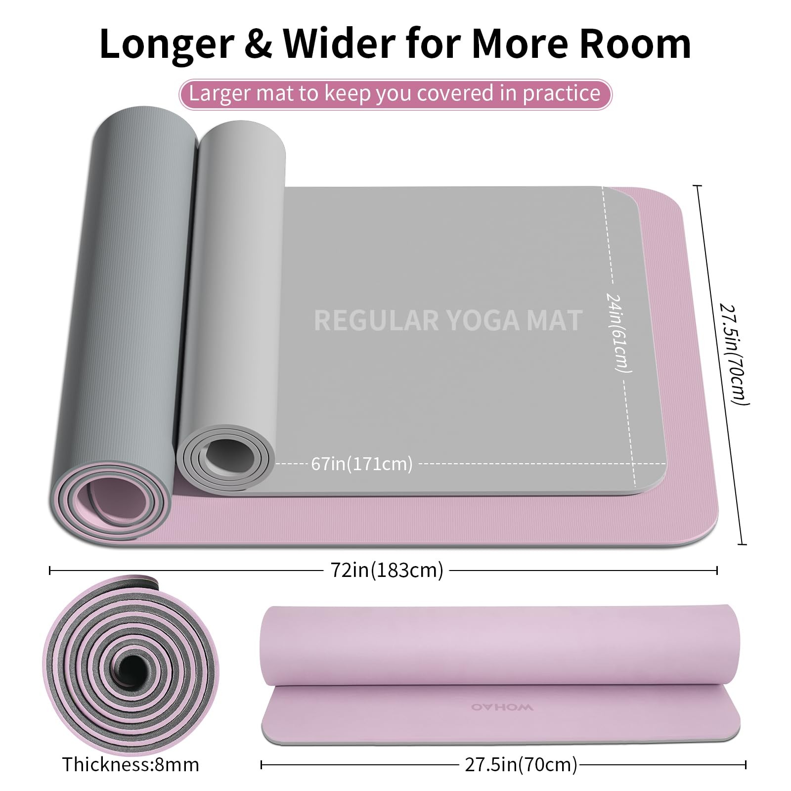 WOHAO Extra Thick 8mm Yoga Mat, 72&Prime;x28&Prime; Non 183*70*0.8cm, Taro Purple+Gray