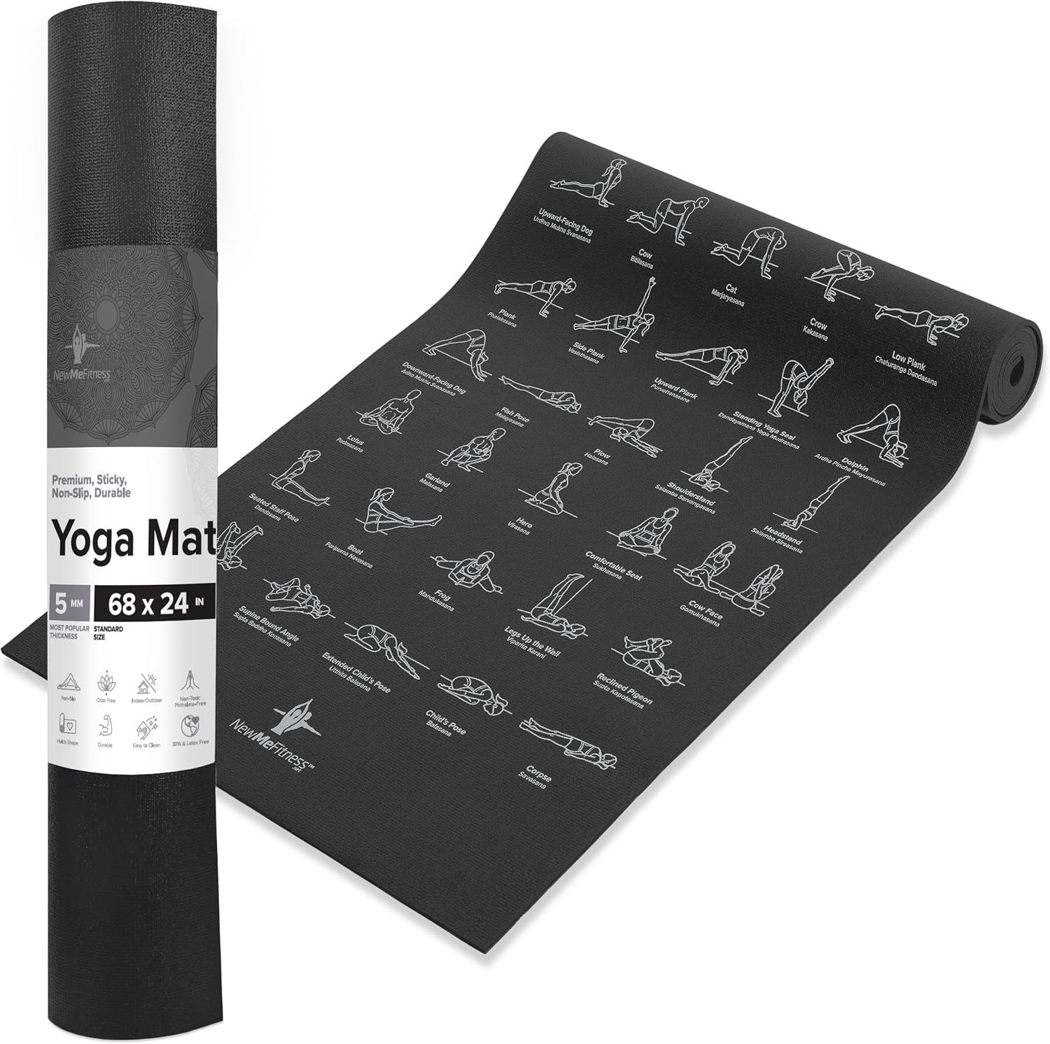 Large 5mm Thick Yoga Mat for Men and Women – Printed Poses for Workouts