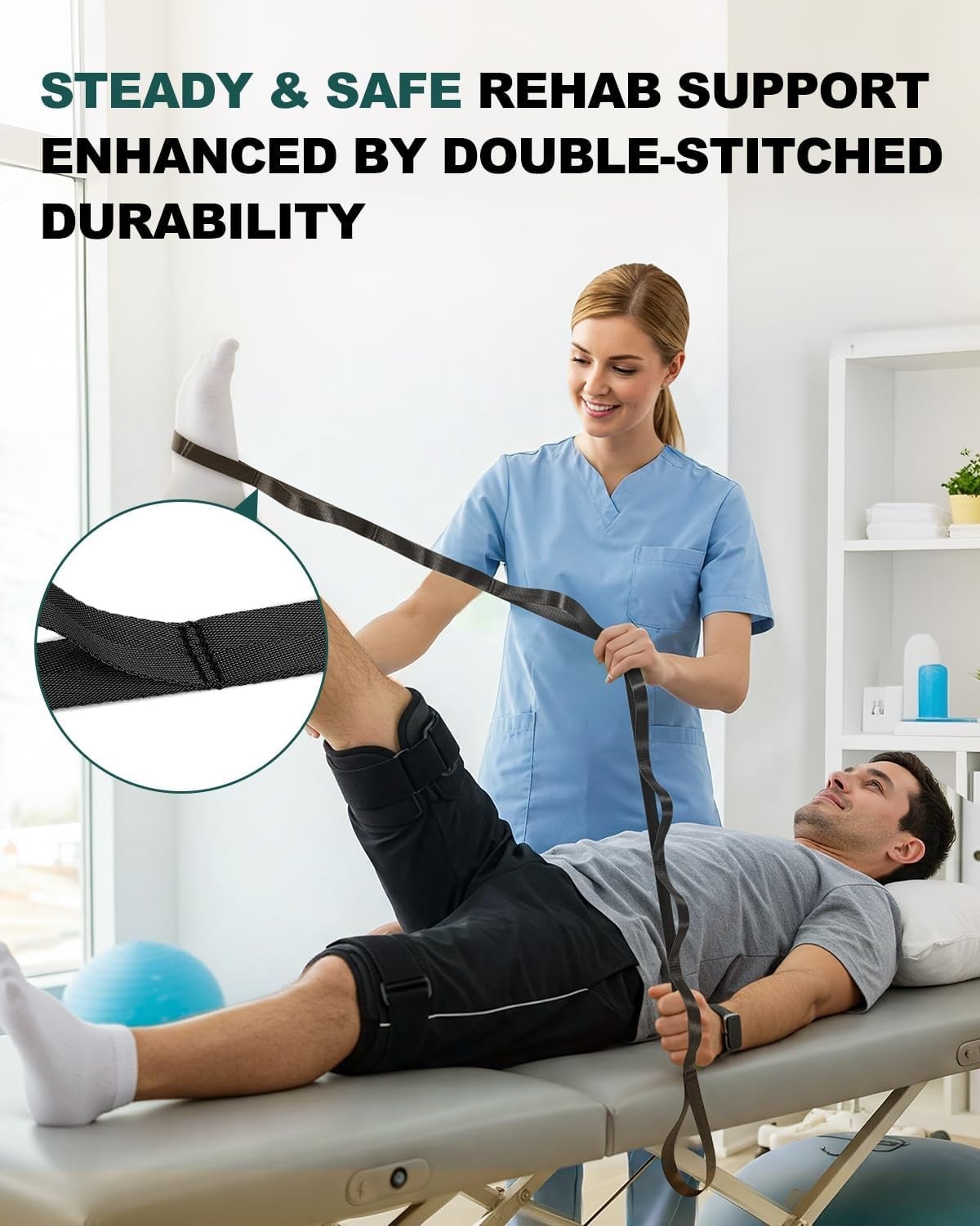 Non-Elastic Stretching Strap with Loops for Physical Therapy & Rehab, Knee Hi…