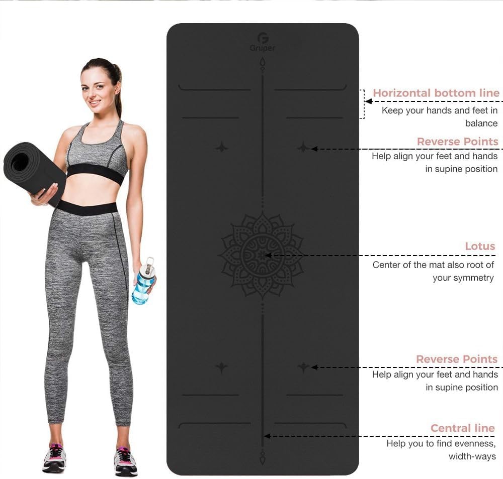 Yoga Mat Non Slip TPE Thick with Alignment 0.24*32*72 Inches, Black