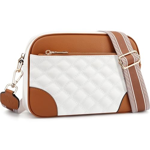 Small Crossbody Bags for Women Quilted Vegan Leather Crossbody White and Brown