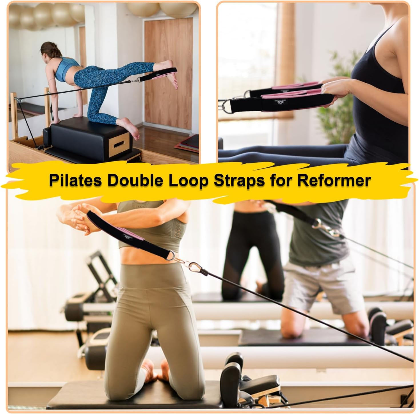 1 Pair Enhanced Pilates Double Loop Straps for Reformer, Thickened D-Ring Han…