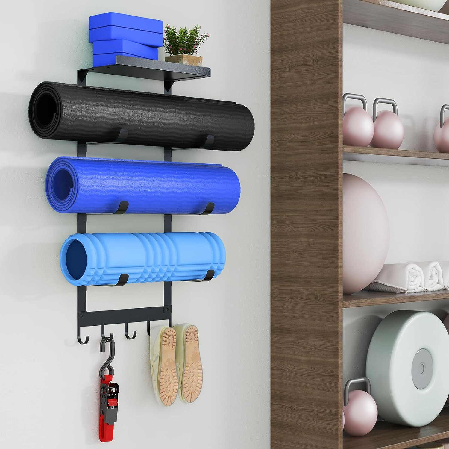 Yoga Mat Holder Wall Mount, Black Yoga Mats Storage Rack, Home Gym Storage with