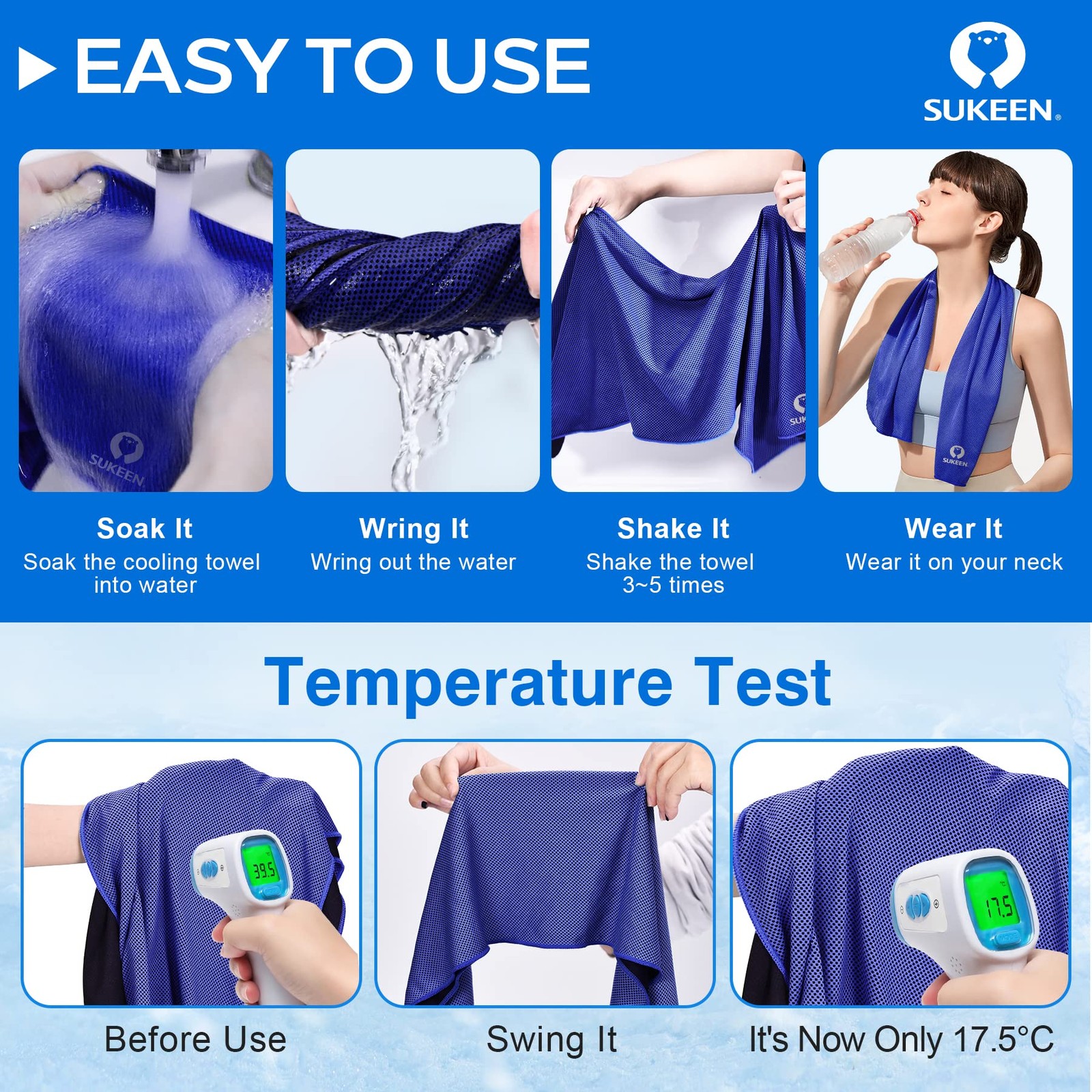Sukeen 4 Pack Cooling Towels 40&Prime; x 12&Prime;, Dark Blue/ Grey/Brown/Black