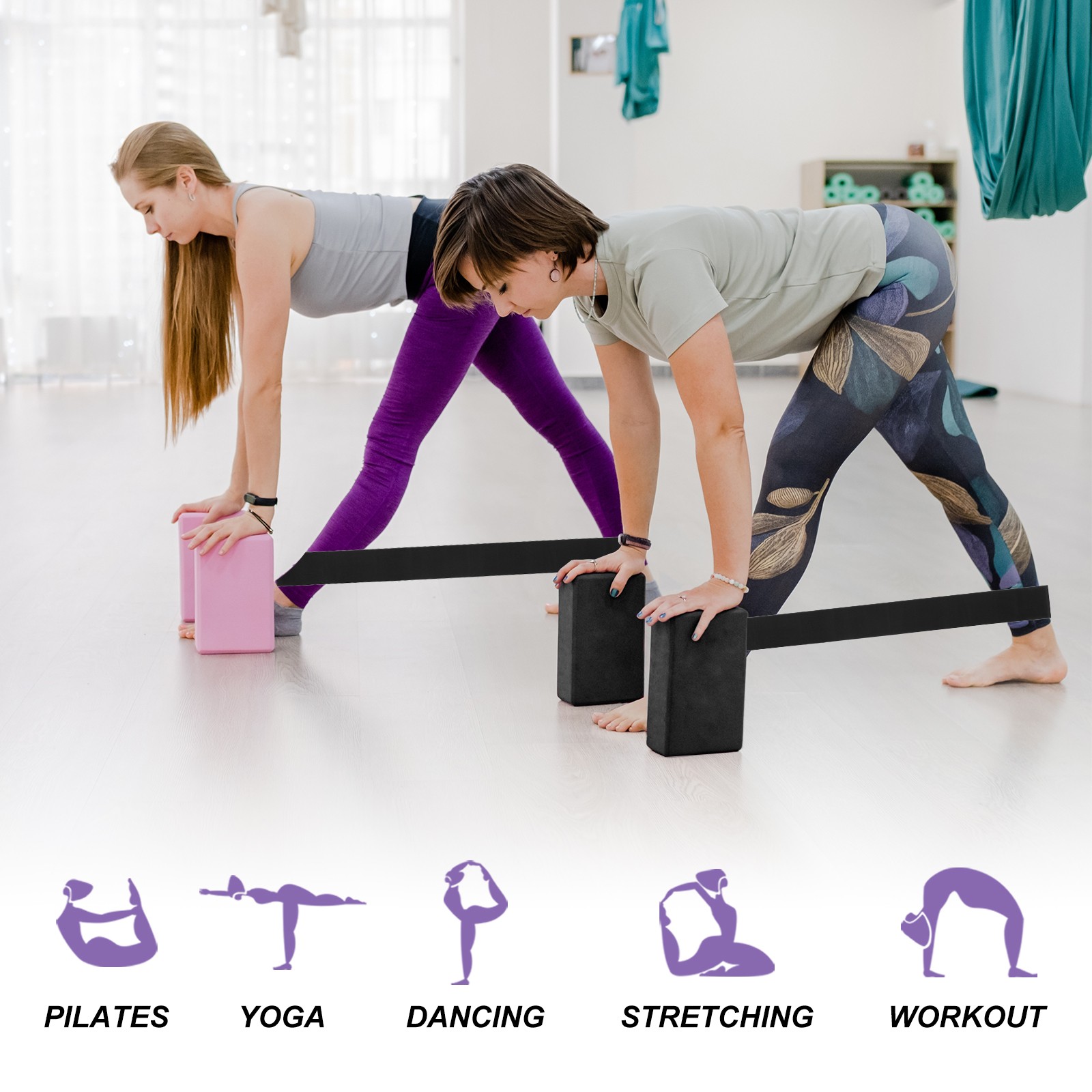 2Pcs Yoga Blocks and 1Pcs Black Resistance Band Set EVA Black Yoga Blocks