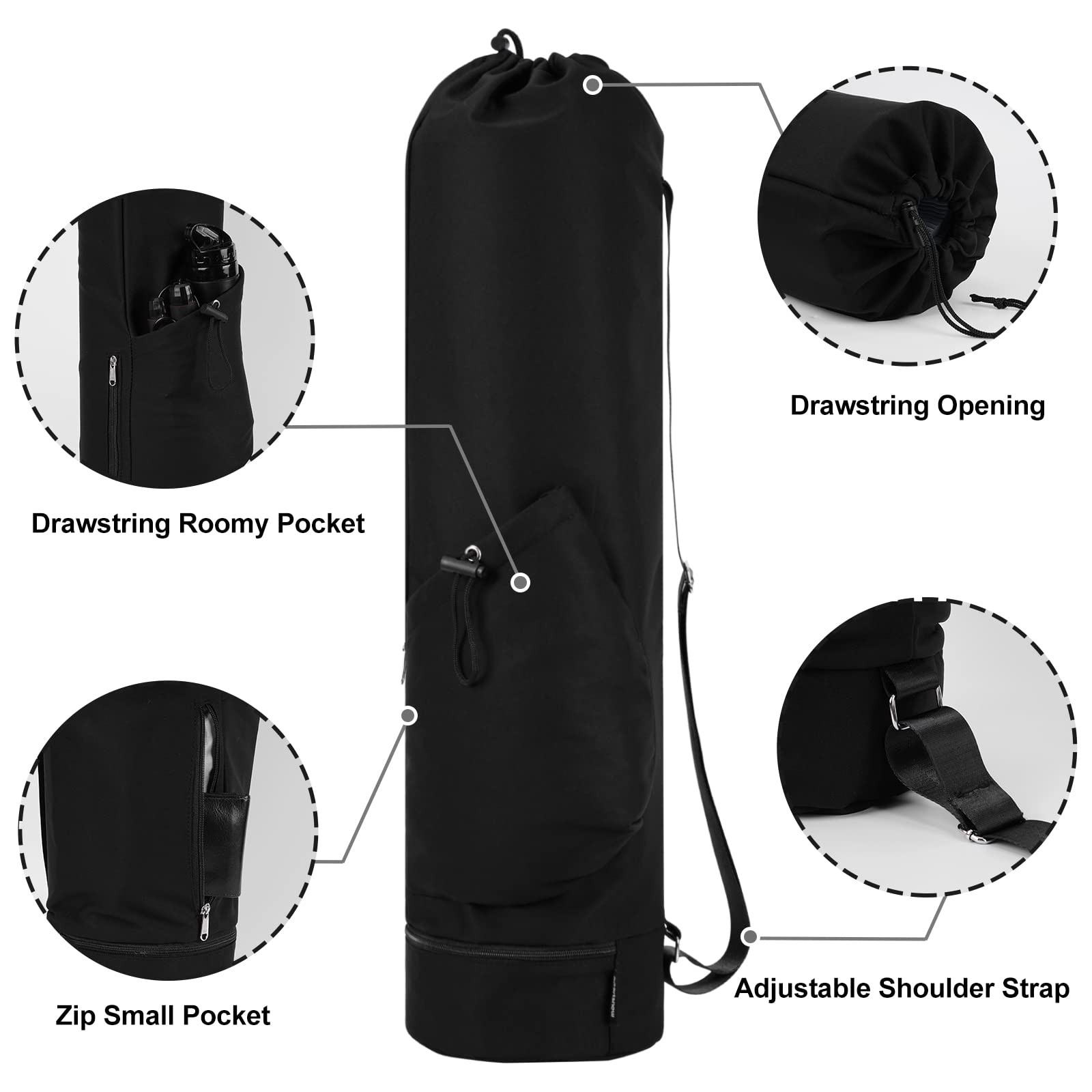 sportsnew Yoga Mat Bag with Water Bottle Pocket and Bottom Wet Medium, Black