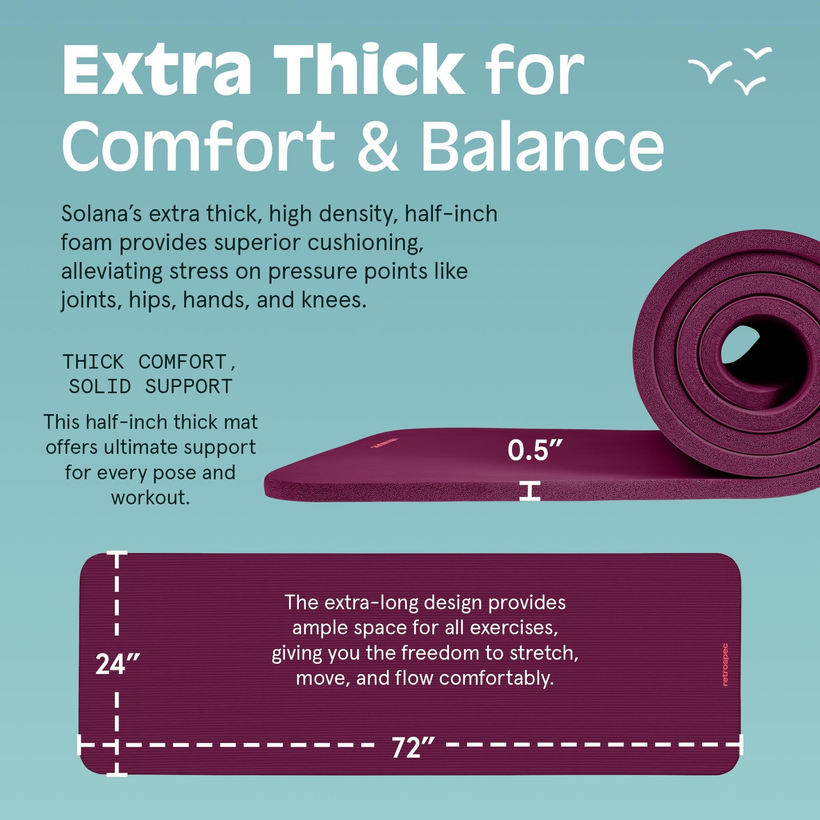 Retrospec Solana Yoga Mat 1/2&Prime; Thick w/Nylon Strap for 1/2 inch, Boysenberry