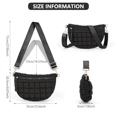 Quilted Crossbody Bags for Women Bum Bag Puffer Sling Bag Nylon Crossbody Black